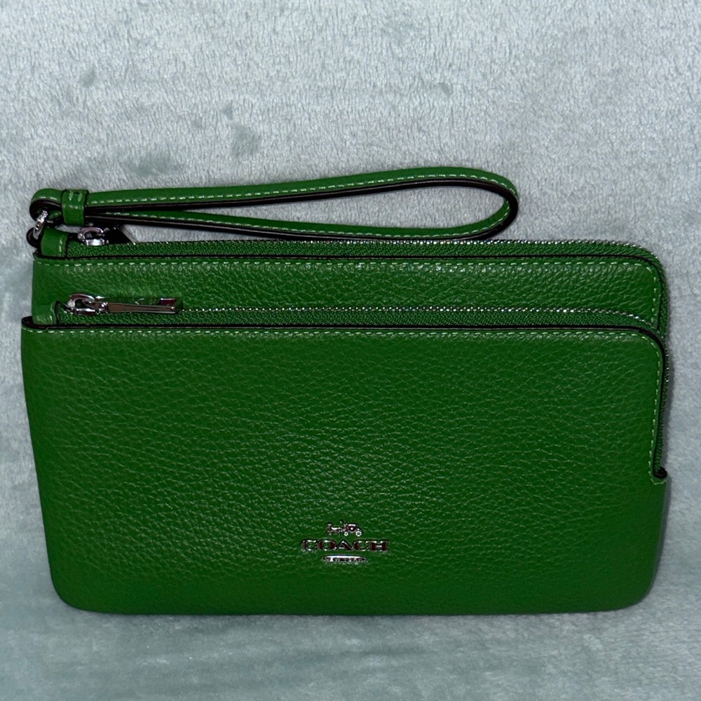Coach Vibrant Green Double-Zip Wristlet - Picture 1 of 14